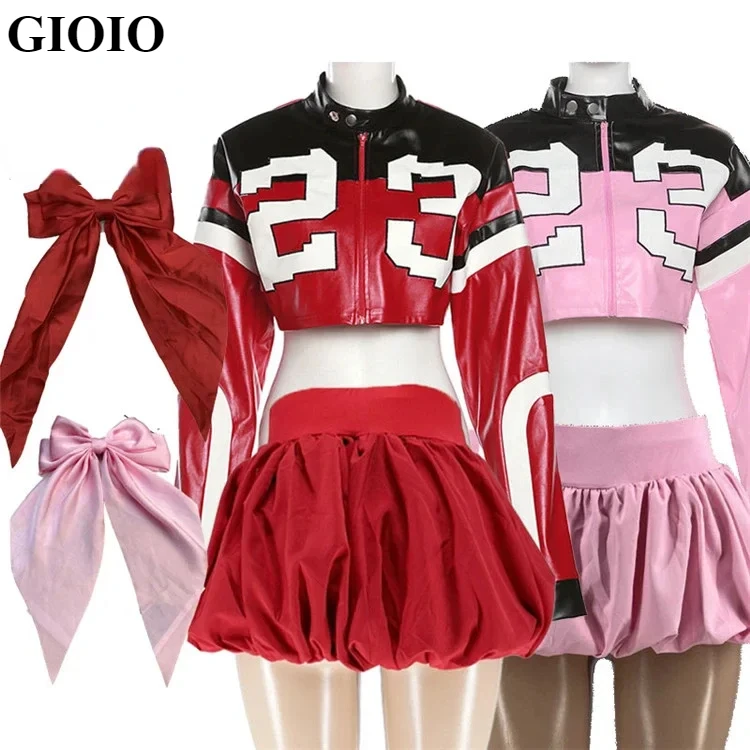 

GIOIO Women 2 Piece Set Cool Girls Leather Patchwork Zip Jacket+Bubble Skirts Locomotive Streetwear Suits