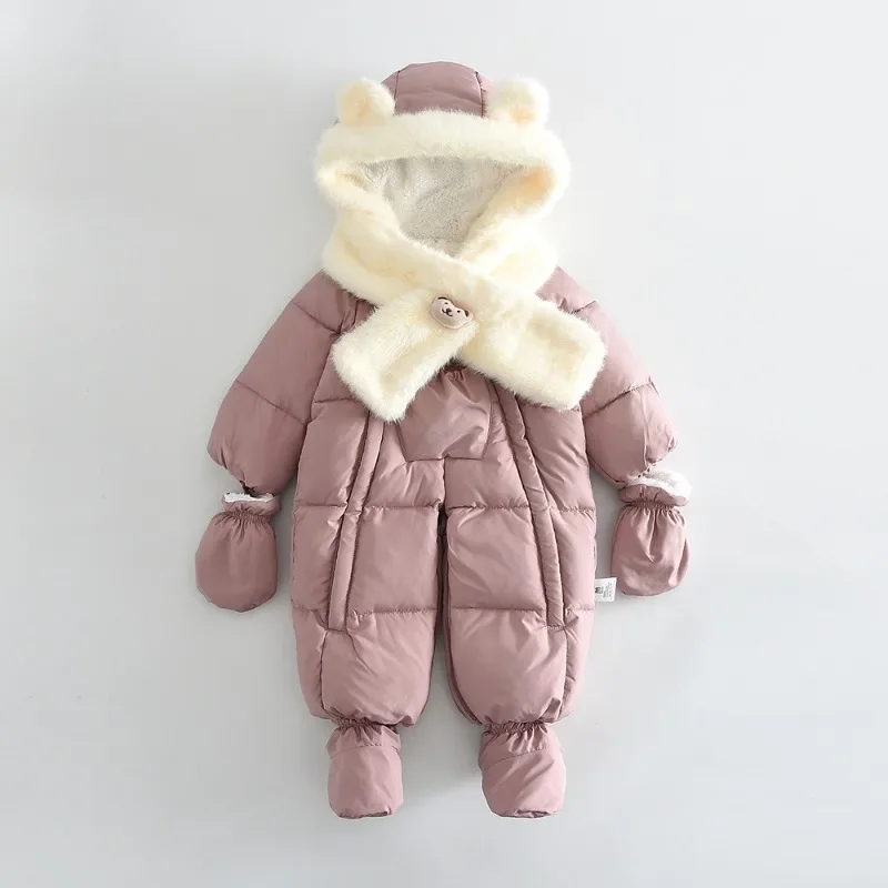 4-teiliges Set BELLBELL Winter-Strampler für Neugeborene Mädchen + Schal + Handschuhe + Schuhe, Outfit mit Kapuze, Plus Samt, warm, für Säuglinge, Babys, Mädchen, Jumpsuits – Detail 8