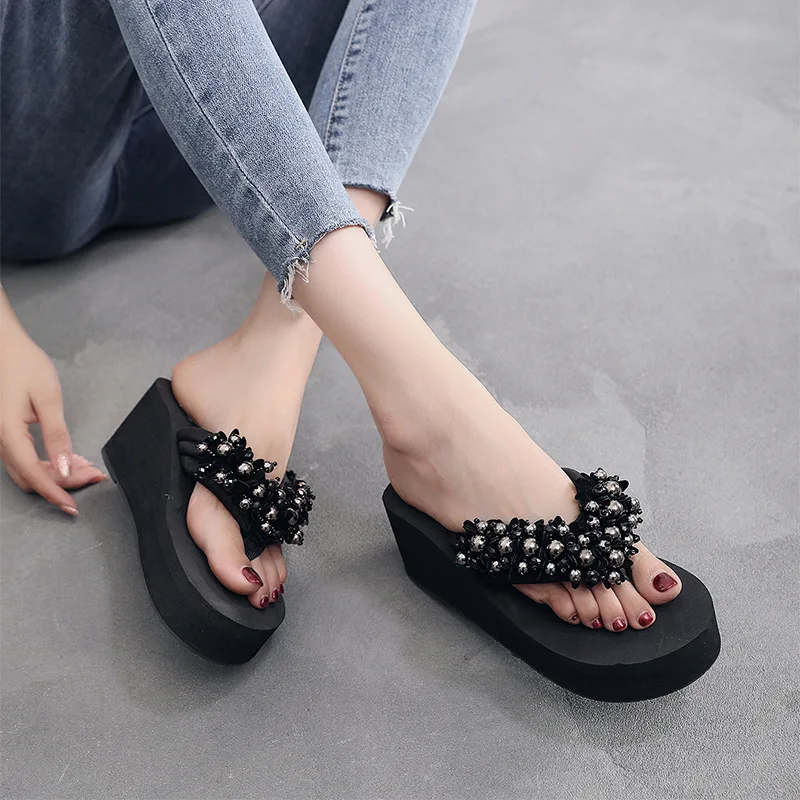 Large-sized 35-42 Beaded Flip-flops Women Wedges Lightweight Comfort Summer Platform Slippers Outdoor Concise Casual Beach Shoes