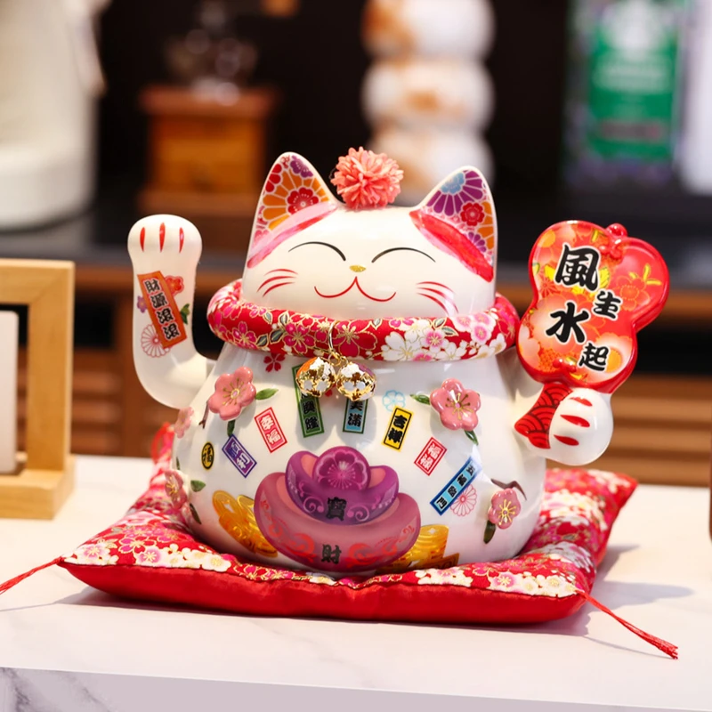 9 Inch Waving Hand Ceramic Maneki-neko Figurine Lucky Fortune Cat with Gift Box Home Office Decorative Ornament