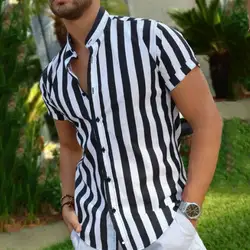 Camisa listrada de manga curta masculina, top de gola alta, moda de rua casual solta, outono