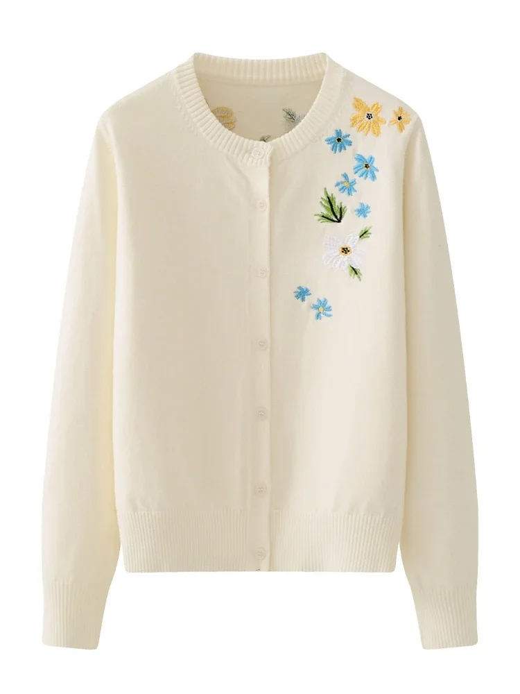 

Новый однобортный кардиган с круглым вырезом и длинными рукавами, женский модный универсальный вязаный свитер с цветочной вышивкой, мягкое пальто с напуском