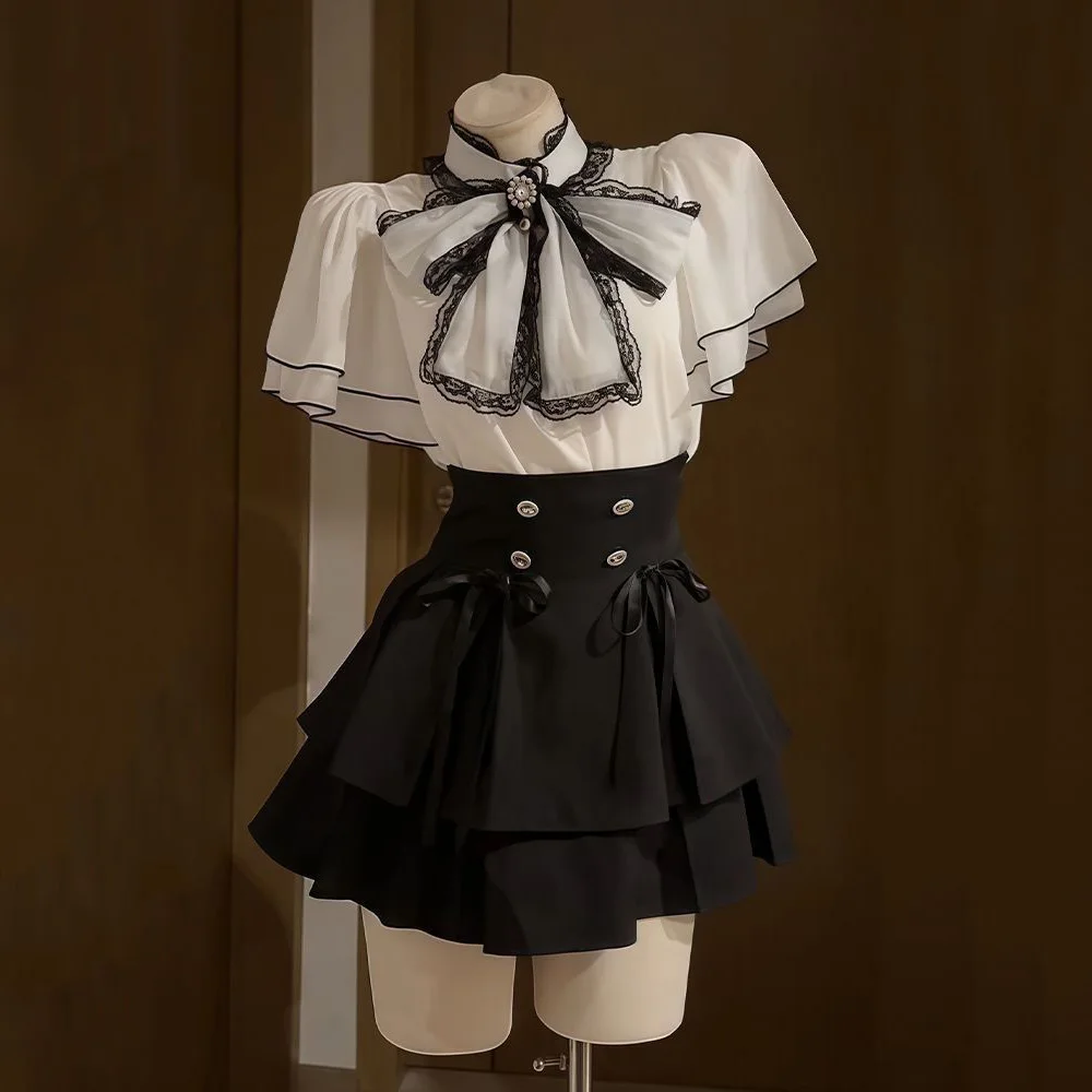 

Y2K Мини-юбка Стиль Лолита Милый костюм Женская одежда Harajuku Блузка с бантом Рубашки Девчачий тонкий комплект с высокой талией Летний комплект из 2 предметов
