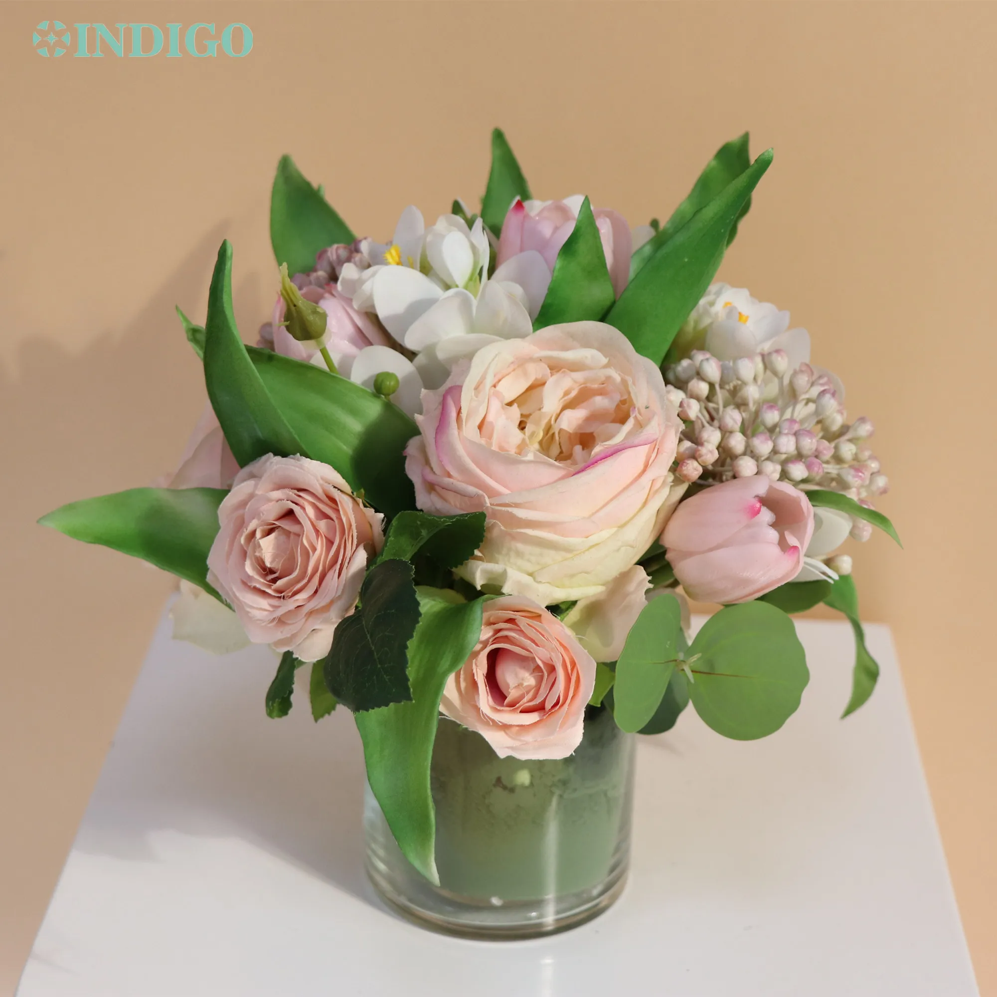 

Pink Rose Centerpiece (1 Set Bonsai With Glass Pot ) 23CM Artificial Tulip Party Customize Table Flower Arrangment - INDIGO