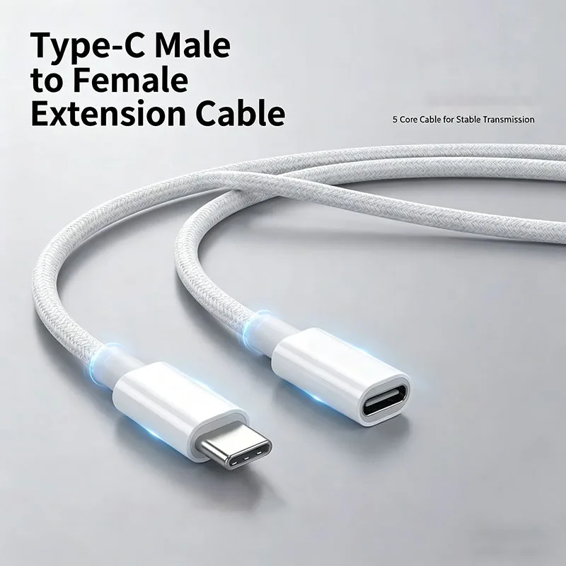 White Braided 5-Core Type C Extension Cable Male To Female USB-C Extender Cord 0.5M 1M Fast Charging Data Transfer Wire