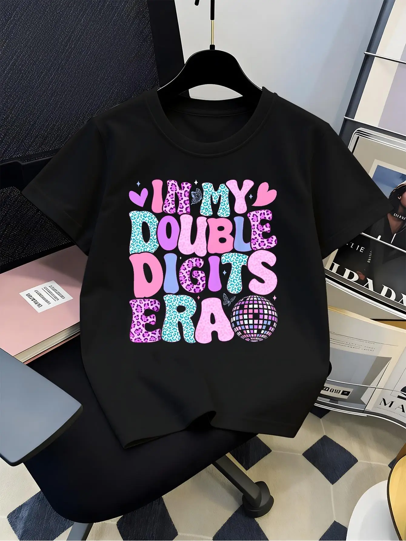 In My Double Digits Era Kid T Shirt Leopard Disco Ball Print Short Sleeve Tee Boys Girls Soft Cotton Casual Tops Daily Wear Gift