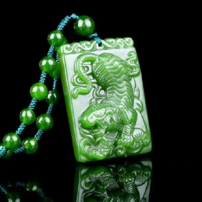 Chinese Green Jade Tiger Pendant Necklace Charm Jadeite Jewelry Carved Amulet Fashion Accessories Gifts for Women Men