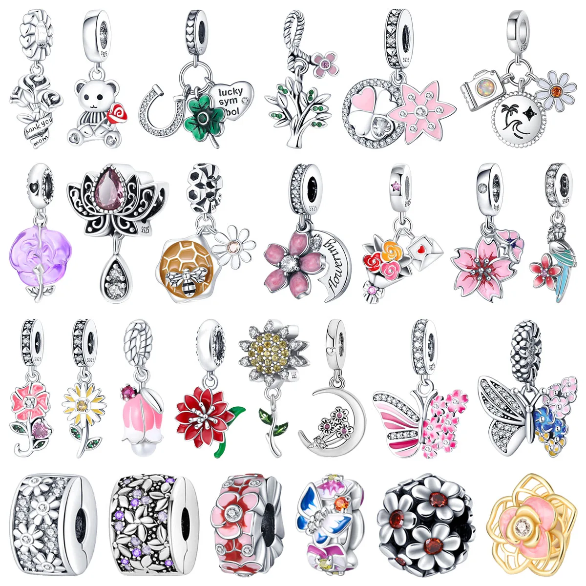 

Original 925 Charms Sterling Silver Flower Daisy Butterfly Sunflower Beaded Pendant for Pandora DIY Bracelet Ladies Jewelry Gift