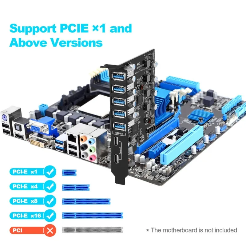 PCI-E To USB 3.0 7-Port (2X USB-C - 5X Type-A) Expansion Card, USB C PC Card Internal Port Hub for Desktop PC Host Card