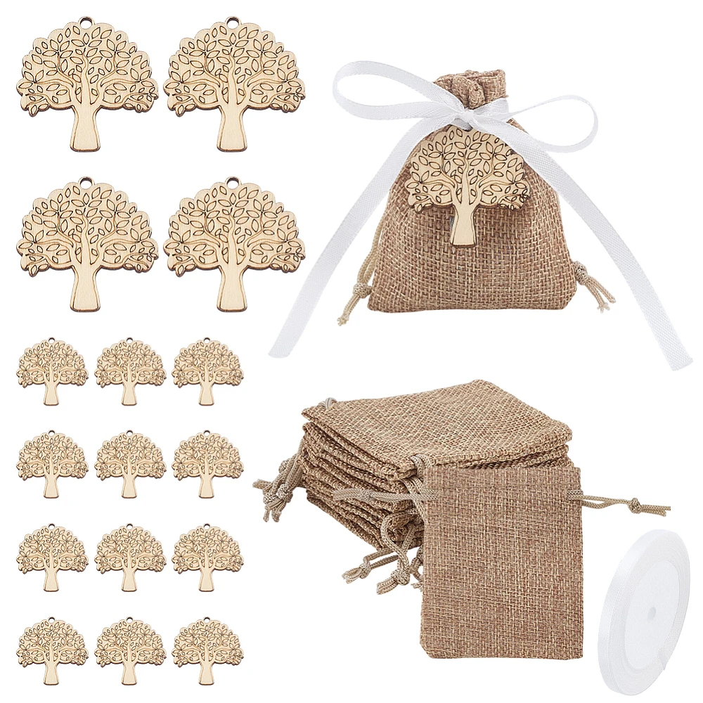 30 Sets Communion Favor Bags 3.5x2.7inch Drawstring Burlap Pouches with Tree of Life Charm Baptism Party Gift Jewelry Bags