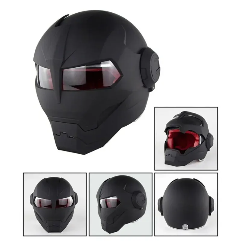 Iron Man Retro Motorcycle Full Helmet Bright Black Personality Cool Flip-up Helm for Men Capacete Moto