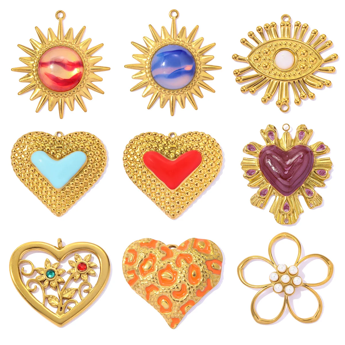 3pcs/Lot Stainless Steel Rhinestone Flower Sun DIY Earring Charms Leopard Print Heart Necklace Pendants Woman Eye Jewelry