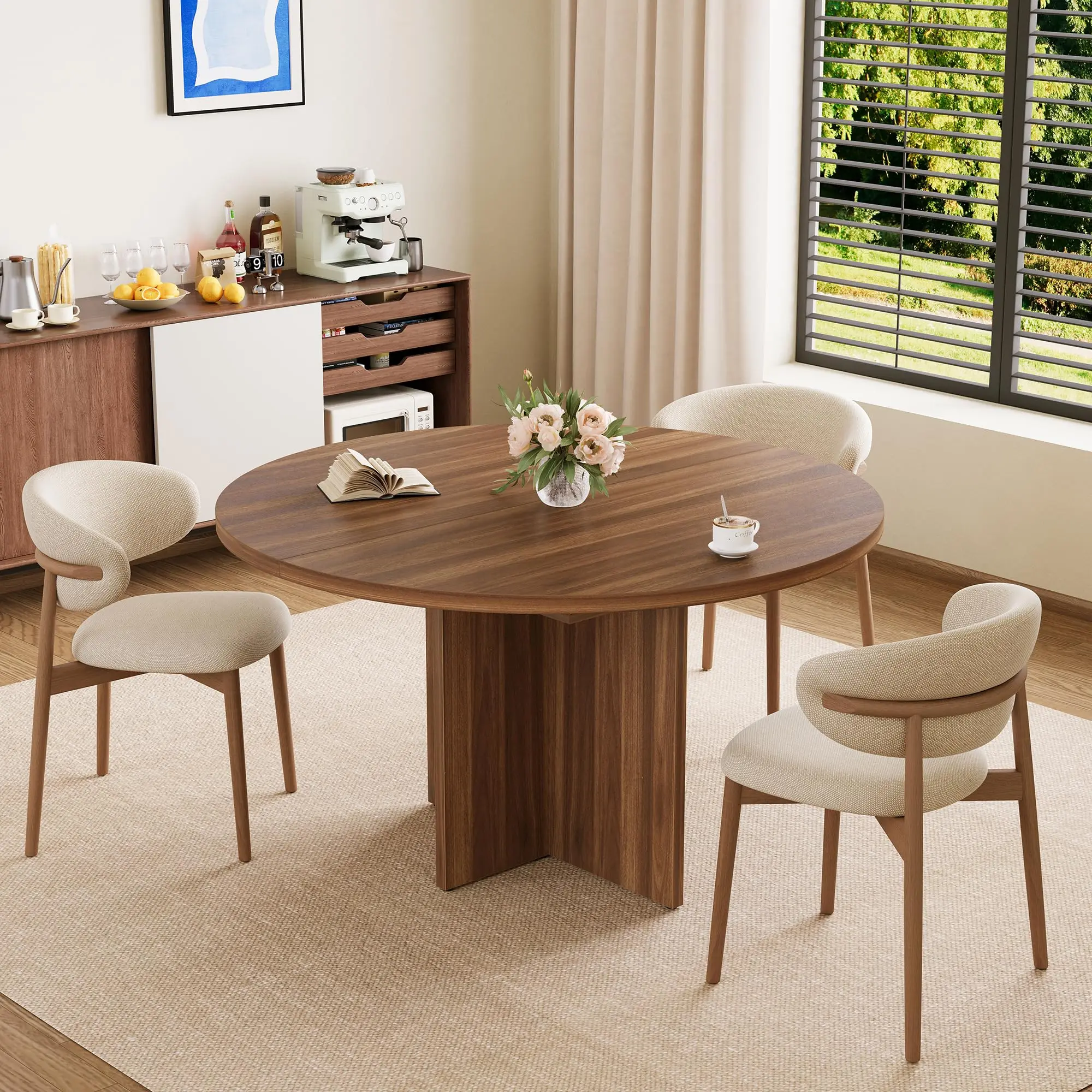 43.3-59in Extendable Round Dining Table For 4-8, Oval Kitchen Table With Hidden Storage, Removable Leaf And Cross Base