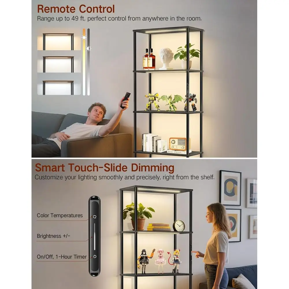 Modern 5-Tier LED Lighted Bookcase, Dimmable with Touch and Remote, 3 Color Modes, Sleek Black for Rooms and Offices