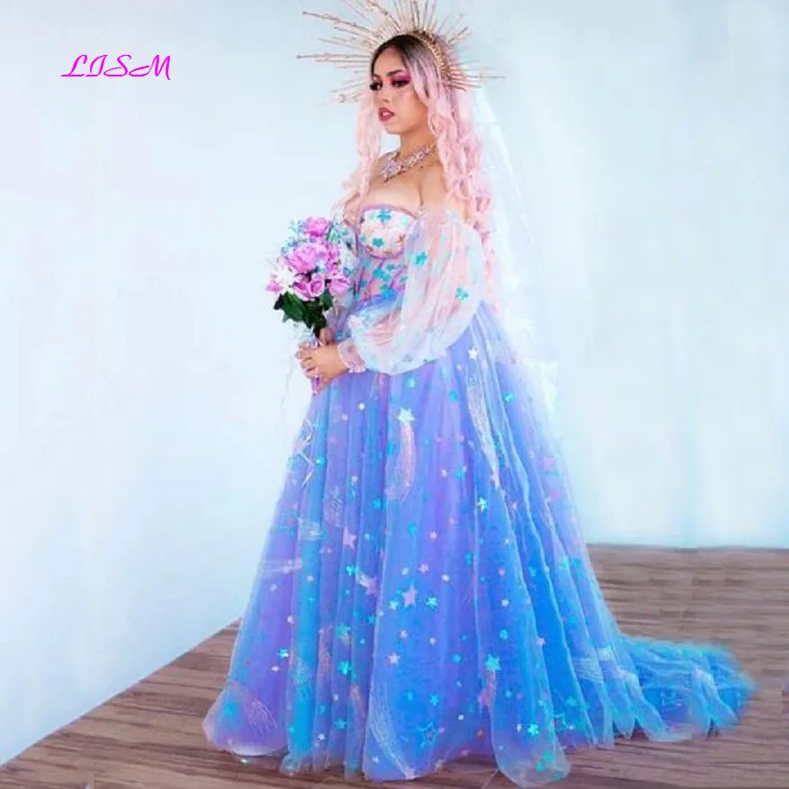 LISM Lavender Starry Embroidery Tulle Fairy Prom Dress Off Shoulder Puff Sleeves Side Slit Long Evening Party Gowns Robes De Bal