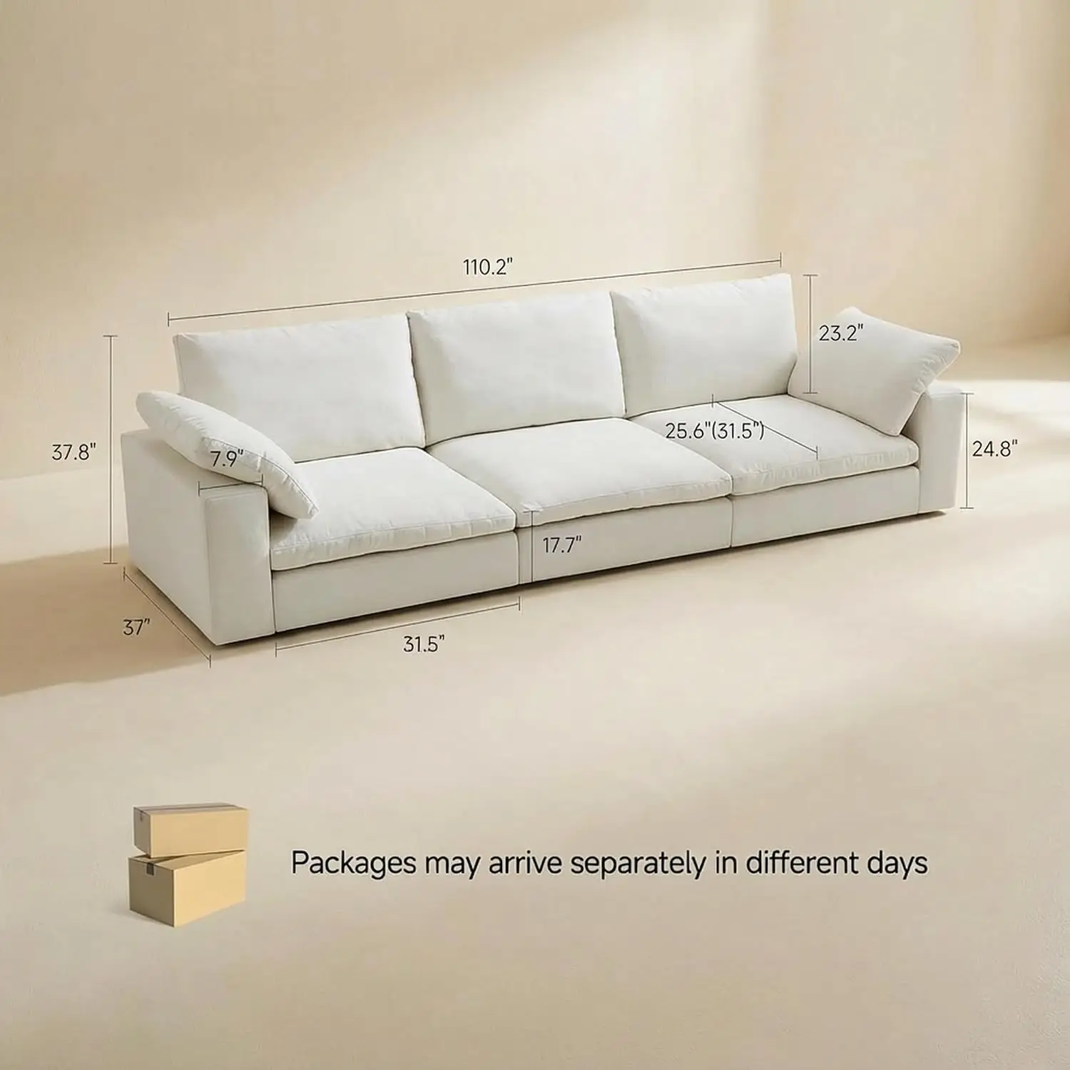 Oversized Modular Sofa Deep Seat Washable Cover No Tool Assembly Metal Frame Living Room 3 Seater 110.2