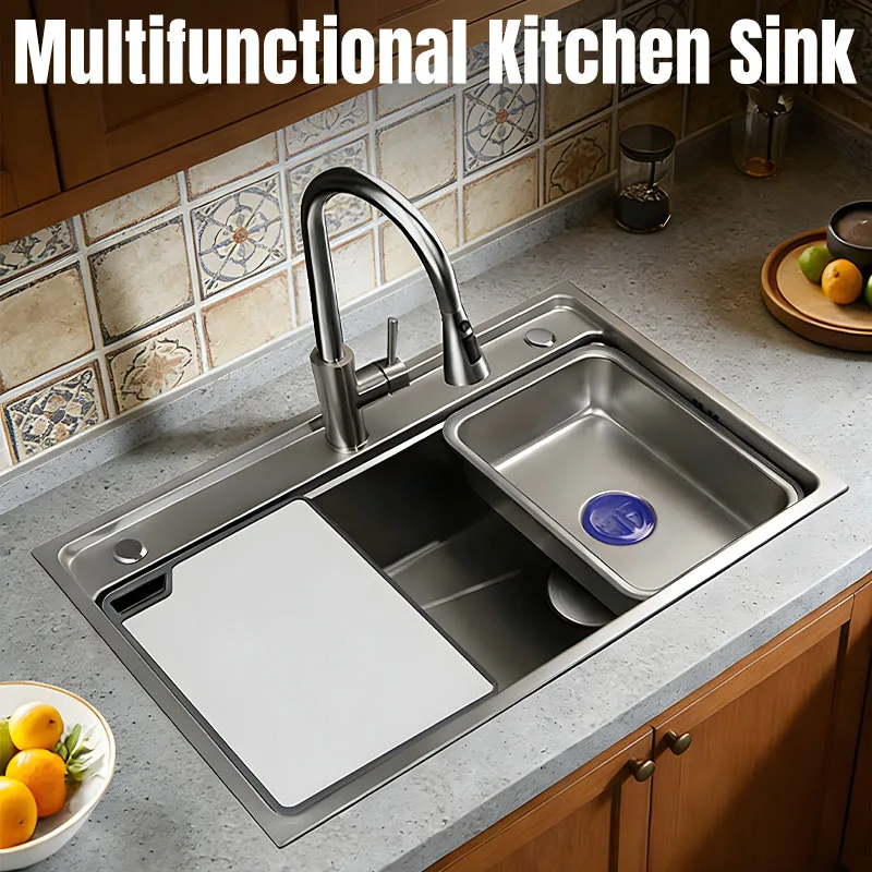 304 Stainless Steel Sink 68X47cm 75X48cm Large Single Slot Double-track Combination Drain basket Cutting board Basin in basin
