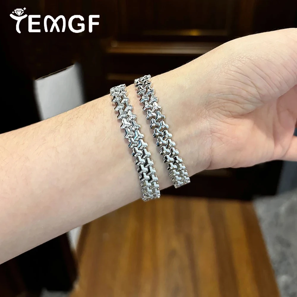 

TEMGF S925 Sterling Silver Bracelet 0.9mm Moissanite Fine Jewelry 8.5mm Width for Women Men Hip Hop Simple Trendy Love Gifts
