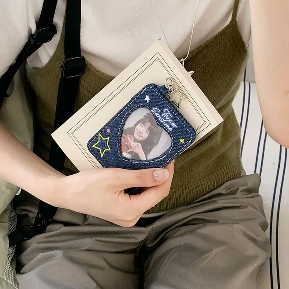 Uroczy brelok do kluczy w stylu Y2K z denimu z gwiazdą, zawieszka do plecaka, etui na karty w kształcie serca, okładka na kartę studencką, album z idolami