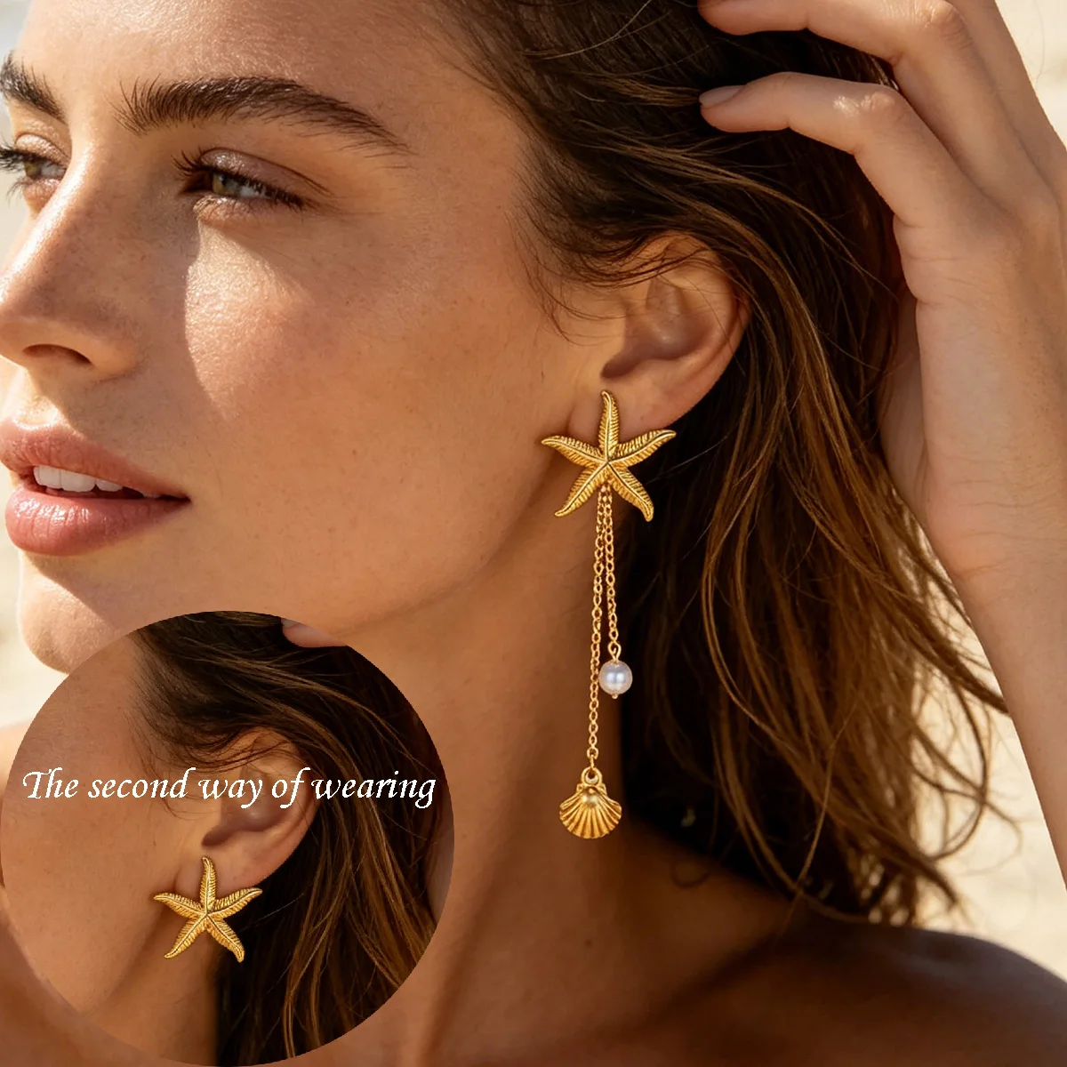 Summer Beach 18K Gold Plated Starfish Earrings for Women Removable Long Tassel Chain 2 Ways Wear, Pearl & Seashell Jewelry Gift
