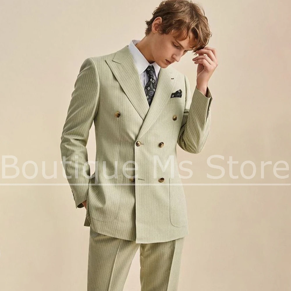 

Мужской костюм в тонкую полоску, двубортный костюм с пиковыми лацканами, комплект из 2 предметов, модный деловой наряд для офиса, формальные смокинги для свадебной вечеринки