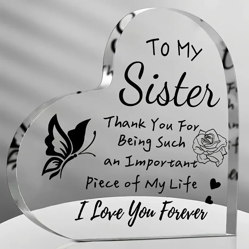 Thank You For Being Important Piece of My Life Sister Acrylic Sign,Heart Shaped Acrylic Plaque To My Sister Butterfly Rose Desk Decor Gift