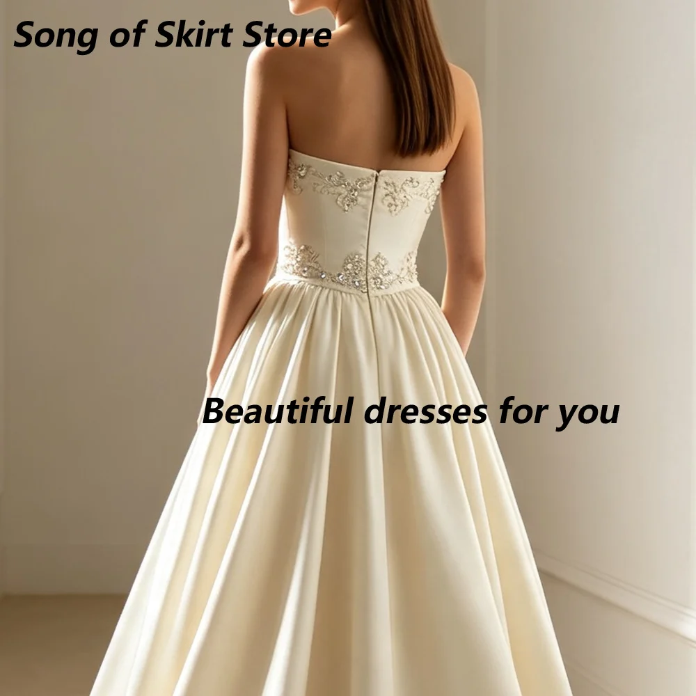 Customized Ivory Satin Mother Of The Bride Gown Strapless Tube Top Waist Crystal Embroidery A Line Ball Gown Wedding Guest Dress