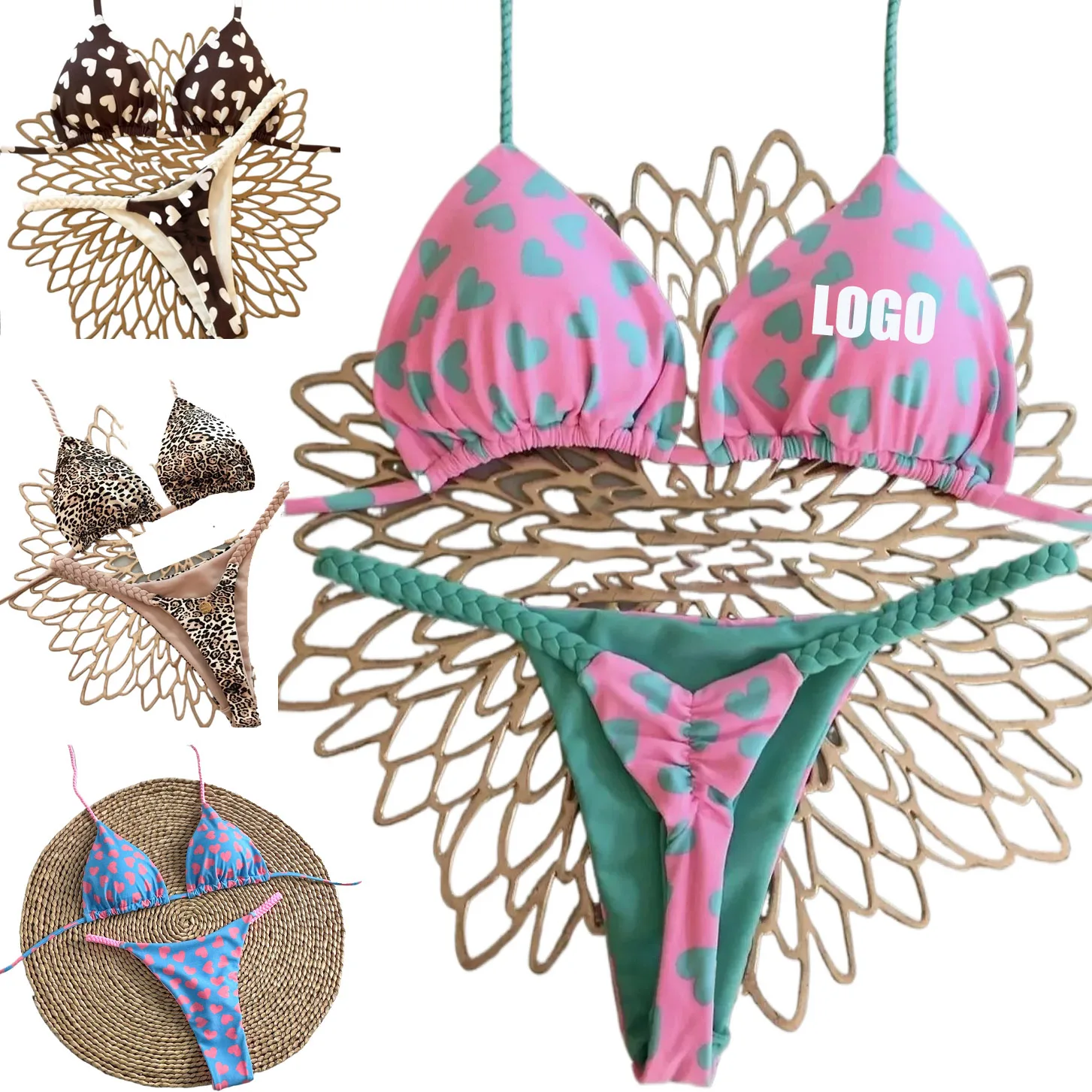 Customized LOGO women's European and American print straps split vacation hot spring swimsuit Brazilian sexy bikini