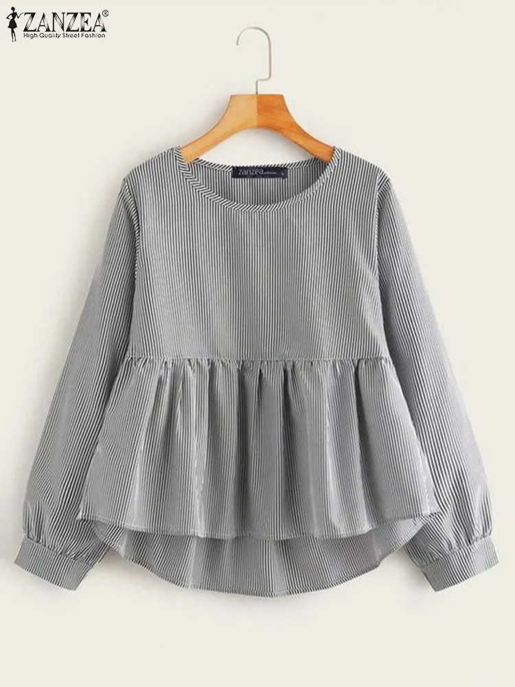 ZANZEA Damskie Koszule z Długim Rękawem Lato 2025 Okrągły Dekolt Koreańska Bluzka w Paski Plisowane Tuniki Codzienne Luźne Plisowane Bluzki z Baskinką