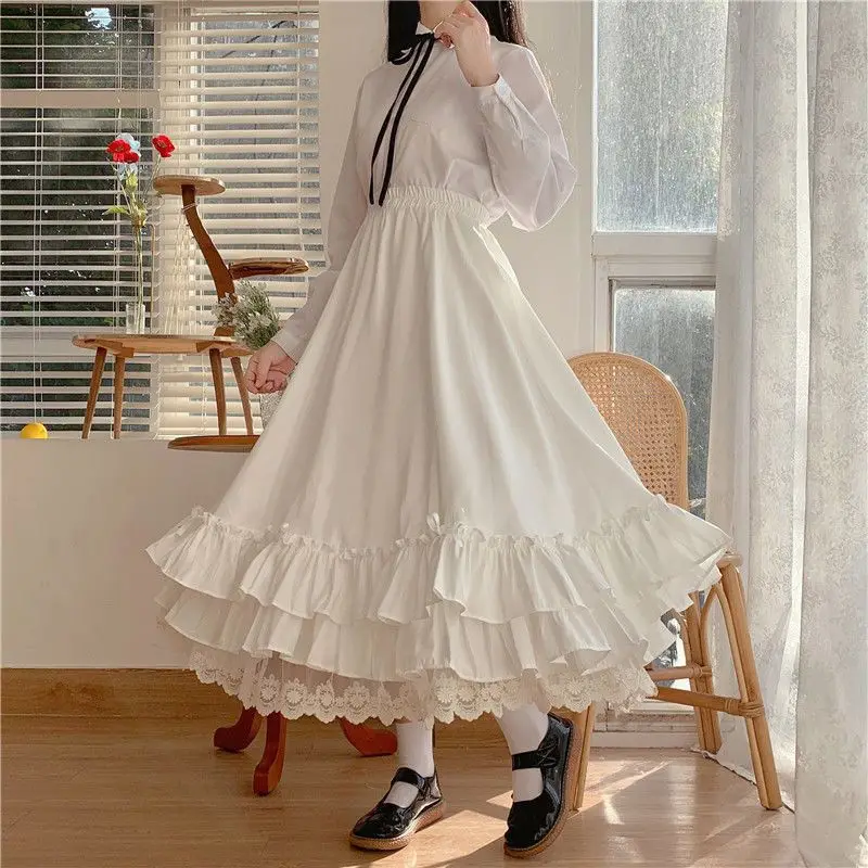 Fashion Japanese Solid Color Double Layer Vintage French Ruffled A-Line Pleated Skirt Hepburn Half Skirt Female White Long Skirt