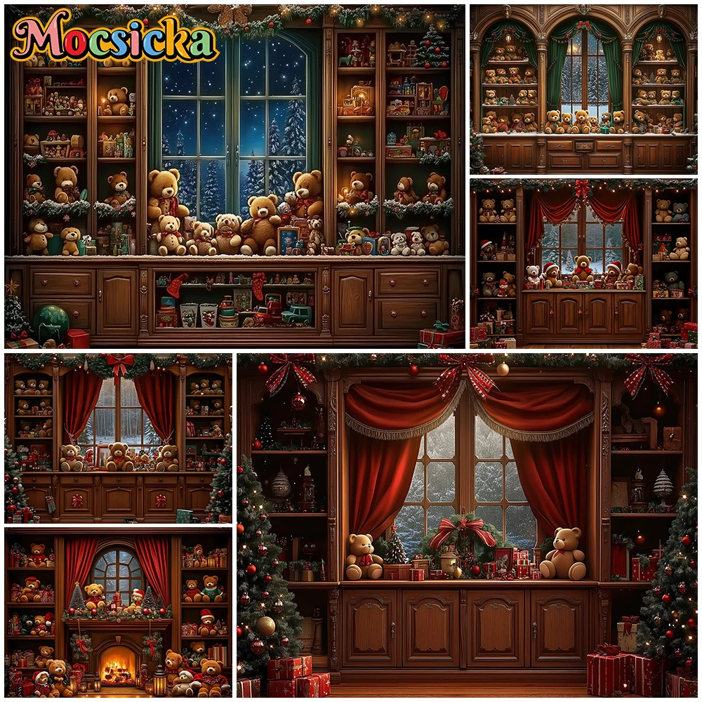 

Mocsicka Christmas Backdrop Room Cabinet Bookshelf Window Bear Decorations Happy New Year Party Photo Background Birthday Banner