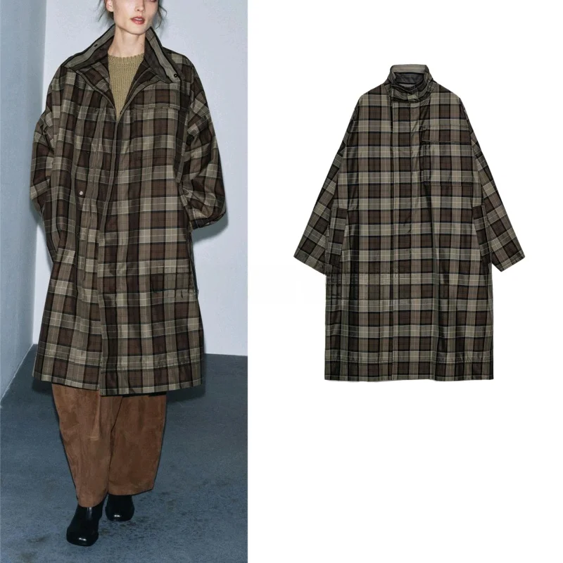 

Faionable Plaid Mid-Length High Collar Loose Women's Coat Autumn Winter New Sle Commute Long Sve Polyester Fiber