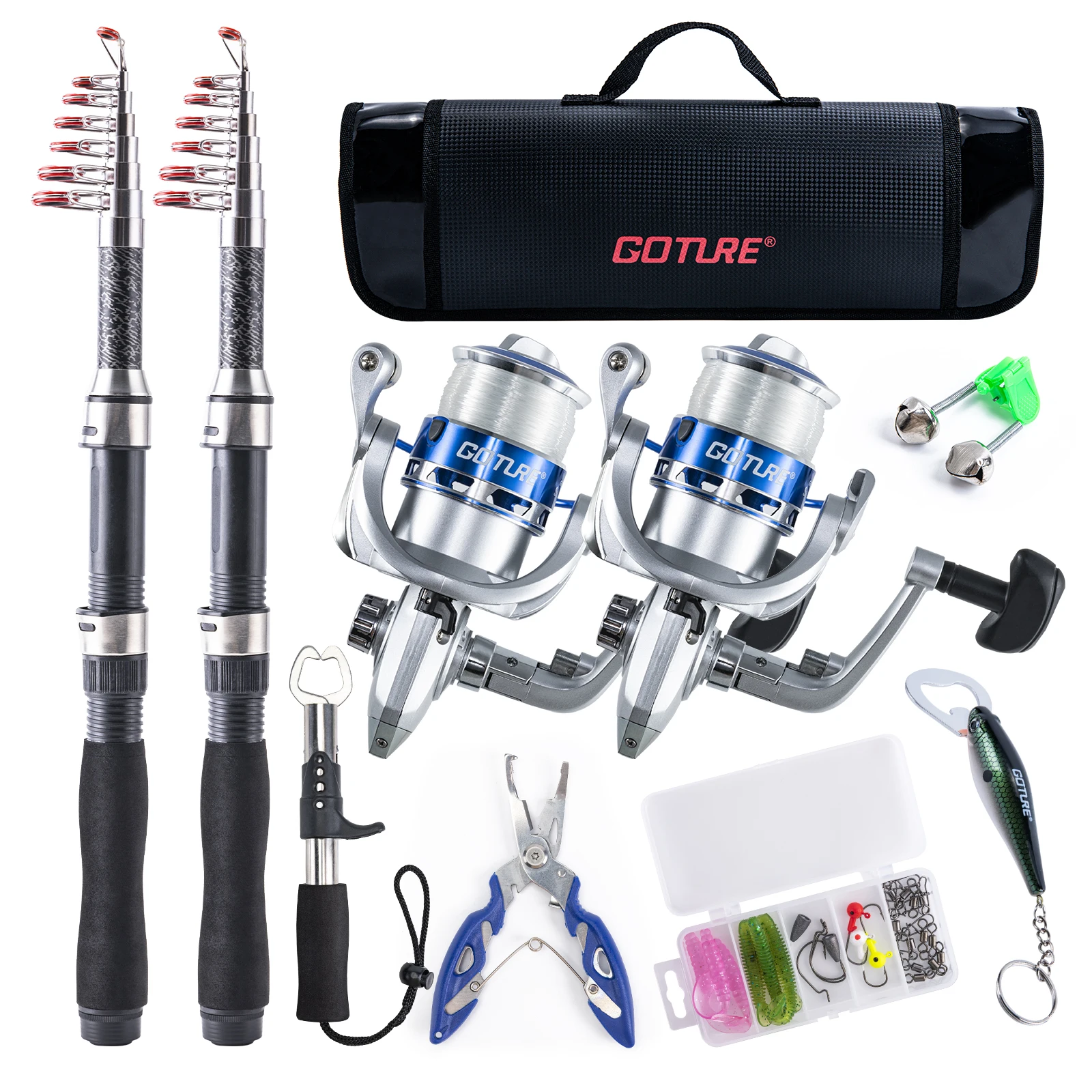 

Goture Telescopic Fishing Rod and Reel Combos-2PCS Fishing Pole+2PCS Pre-Loaded Spinning Reels Fishing Kit with Carrier Bag