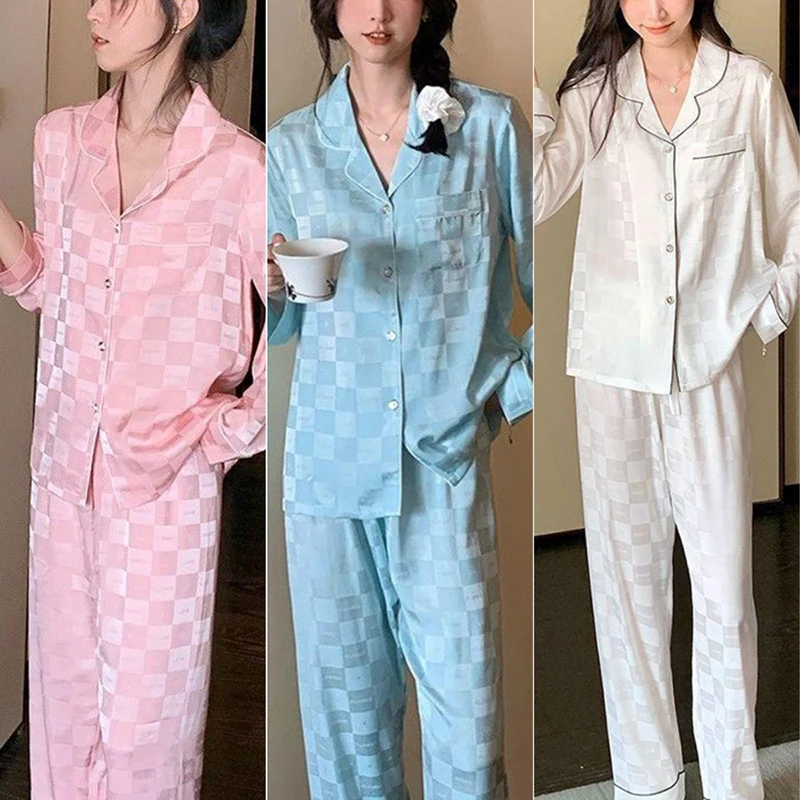 Ice Silk Pyjamas Women Plaid Long-Sleeved Trousers Suit Homewear Senior Sense of Large Size Suit Loose Summer