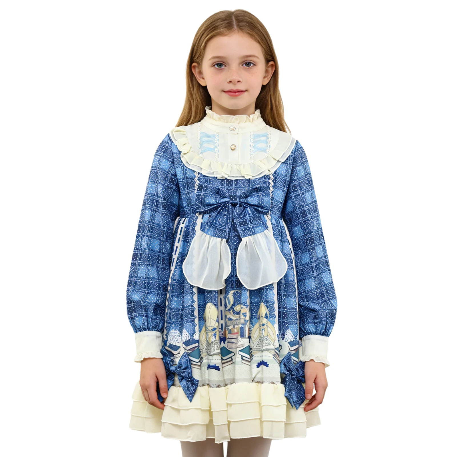 Teen Girls Japanese Style Lolita Kawaii Princess Dress Plaid Long Sleeve Bow Ruffled Gothic Dresses Themed Party Cosplay Costume