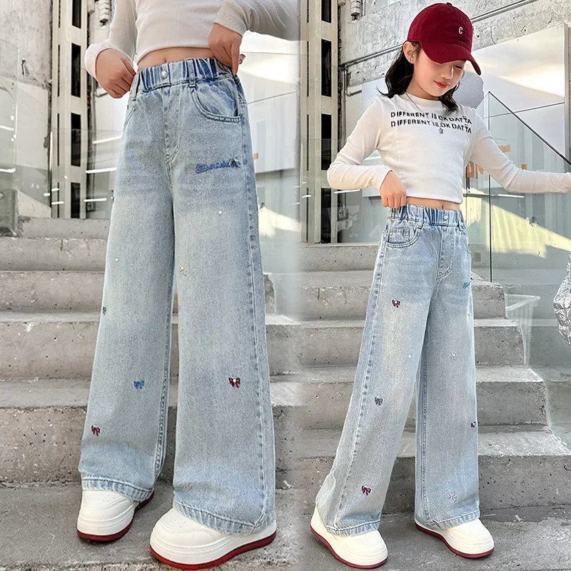 Teen Girls Embroidered Bow Nail Bead Jeans Streetwear Kids Child Y2k Hip-hop High Waist Straight Loose Denim Pants Trousers 4-14