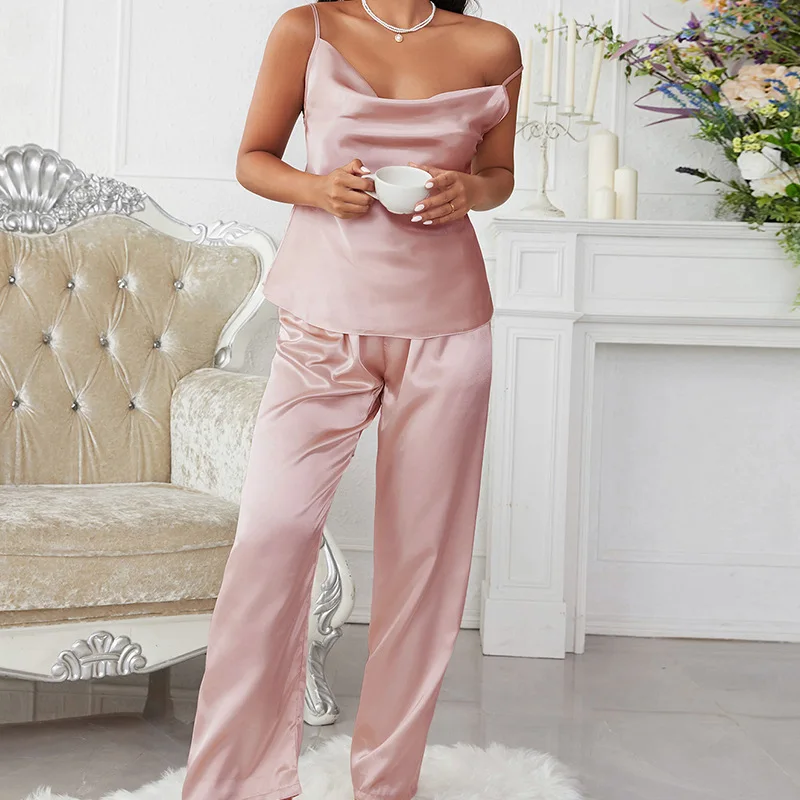 Conjunto de pijama de estilo simple europeo y americano para mujer, ropa de estar por casa, pantalones con tirantes, seda de hielo y nieve, cómodo