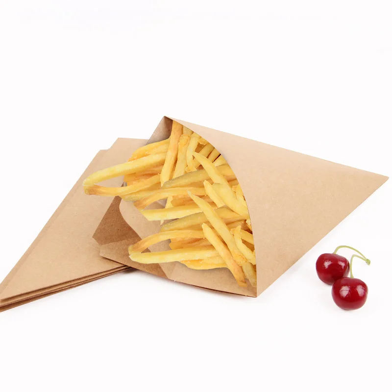 

100 Pcs Oil Proof Cone-shaped French Fries Box Triangular Snack Lunch vWith Sauce Container