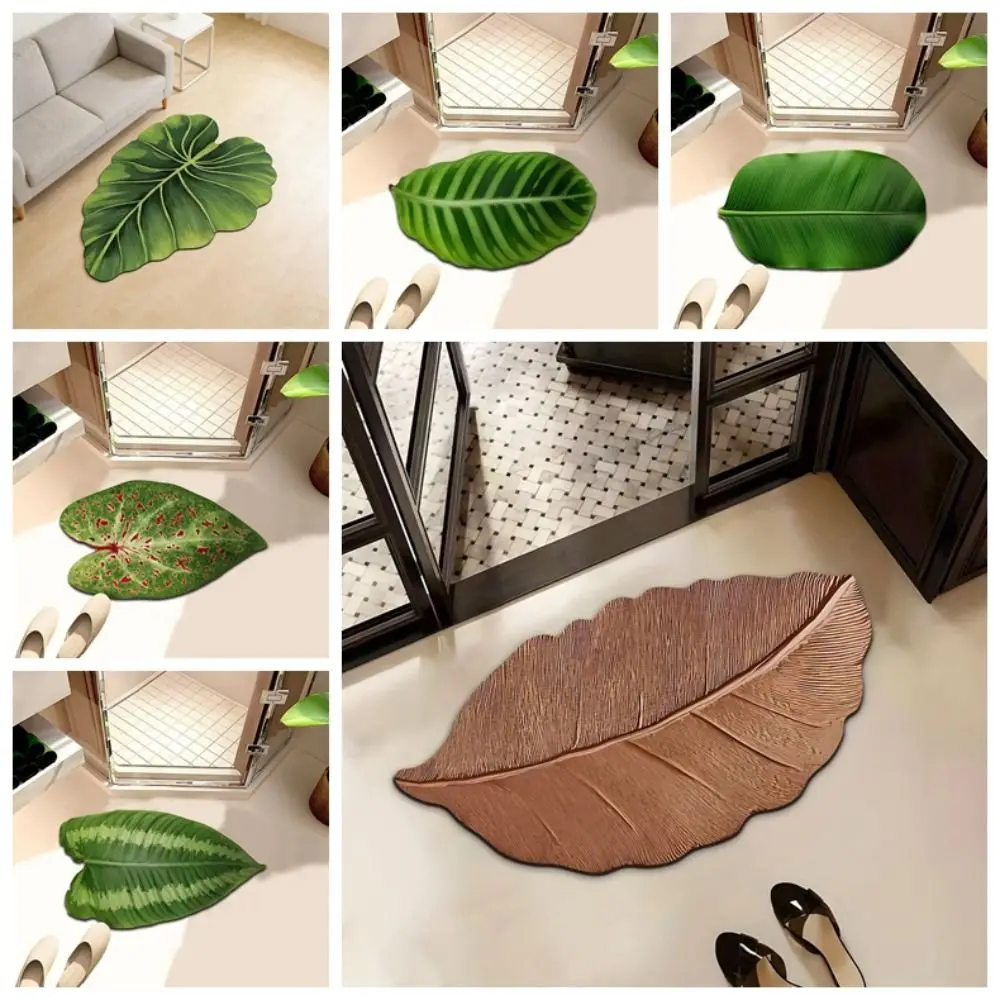 Diatom Mud Material Diatomite Floor Mat Easy To Clean Green Leaf Pattern Bathroom Foot Rug Slip Resistant Base
