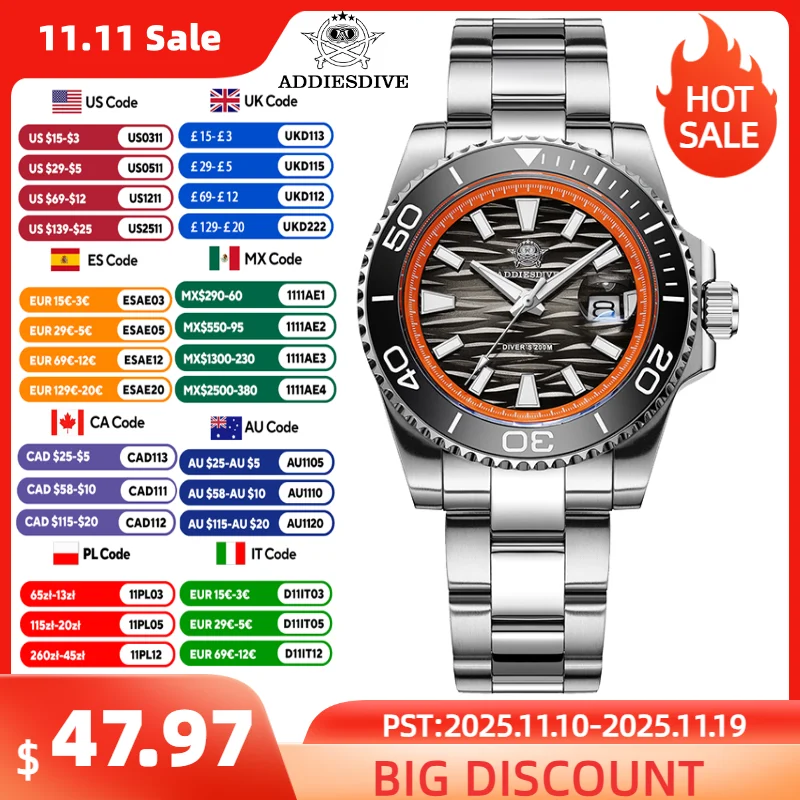 

ADDIESDIVE Men's Quartz Watch BGW9 Super Luminous 200m Waterproof Diver's Wristwatch New Luxury Ceramic Bezel Men Analog Watches
