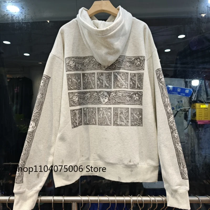 Saint Retro Graffiti Print Hooded Sweatshirt Men Loose Fit Casual Streetwear Autumn Winter