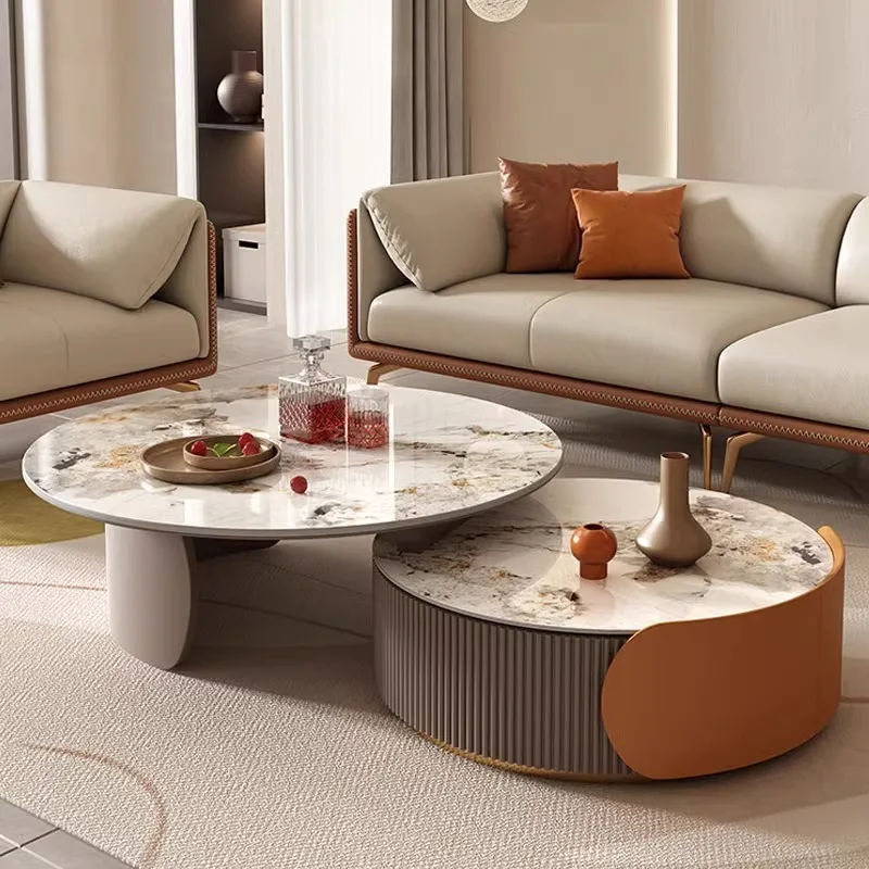 living room household simple modern high-end small apartment light luxury retractable size round tea table combination