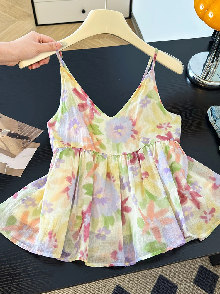 Authentic Summer Floral Print Strap Top Women's Sleeveless Lightweight Vest Top Country Style Casual Wear Polyester Fiber