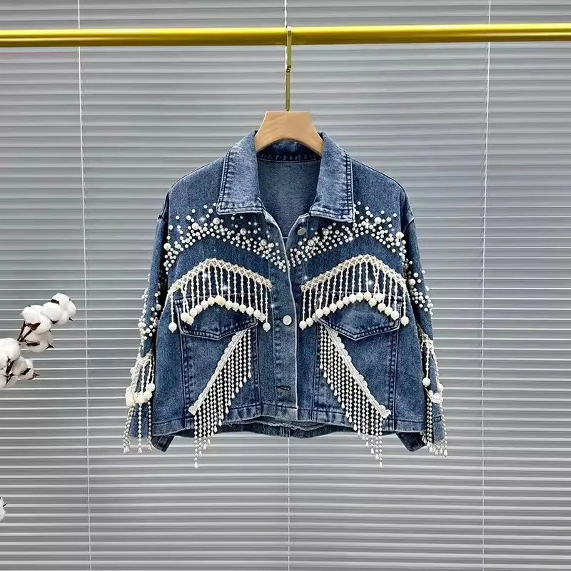 Spring New Heavy Work Pearl Beaded Tassels Blue Short Denim Jacket Women Loose Lapel Half Sleeve Jeans Jacket Casual Streetwear