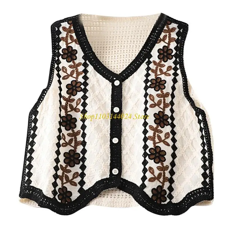 N5KE Women Sleeveless V-Neck Crochet Sweater Vest Waistcoat Hollow-Out Knit Diamond Plaid Floral Button Up Crop Cardigan Top
