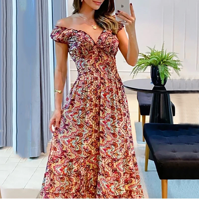 Wefads Women Maxi Dresses Summer Printed Off Shoulder V Neck Short Sleeve Pleated Nipped Waist Party Dress Elegant Holiday Gown