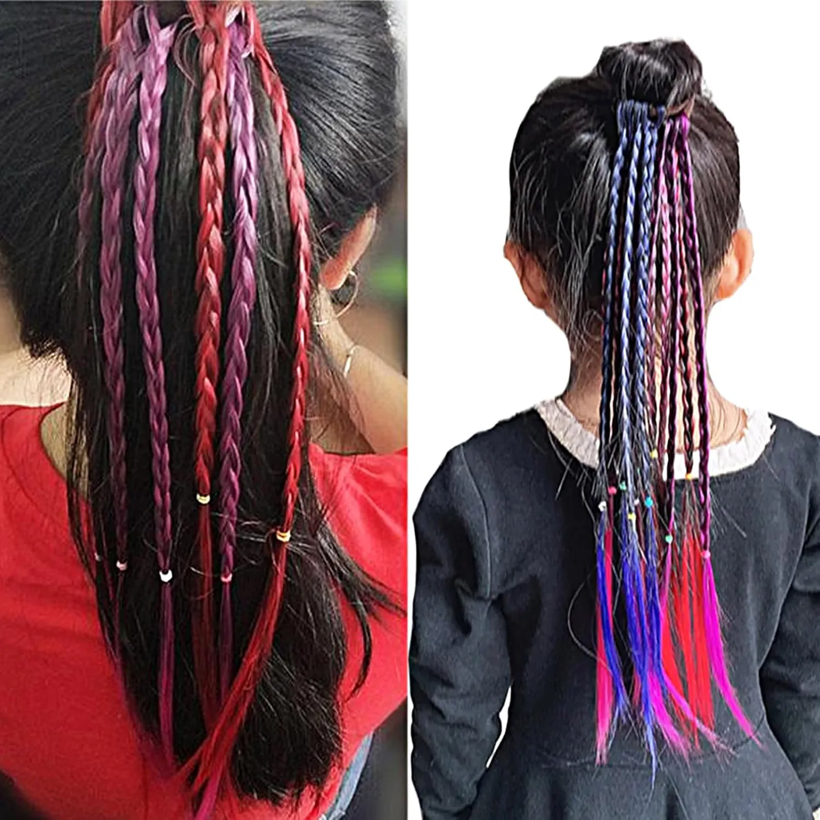 jeedou Braided Ponytail Hair Extension 24 Inch Gradient Colored Ombre Synthetic Box Braid Ponytail with Rubber Band for Party