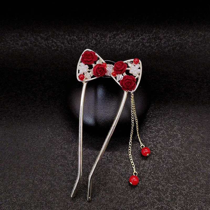 

Новые заколки и заколки для волос с кисточками в стиле ретро в стиле розы, модные новые заколки для волос в китайском стиле с флокированным цветочным принтом, головной убор Cheongsam и Hanfu