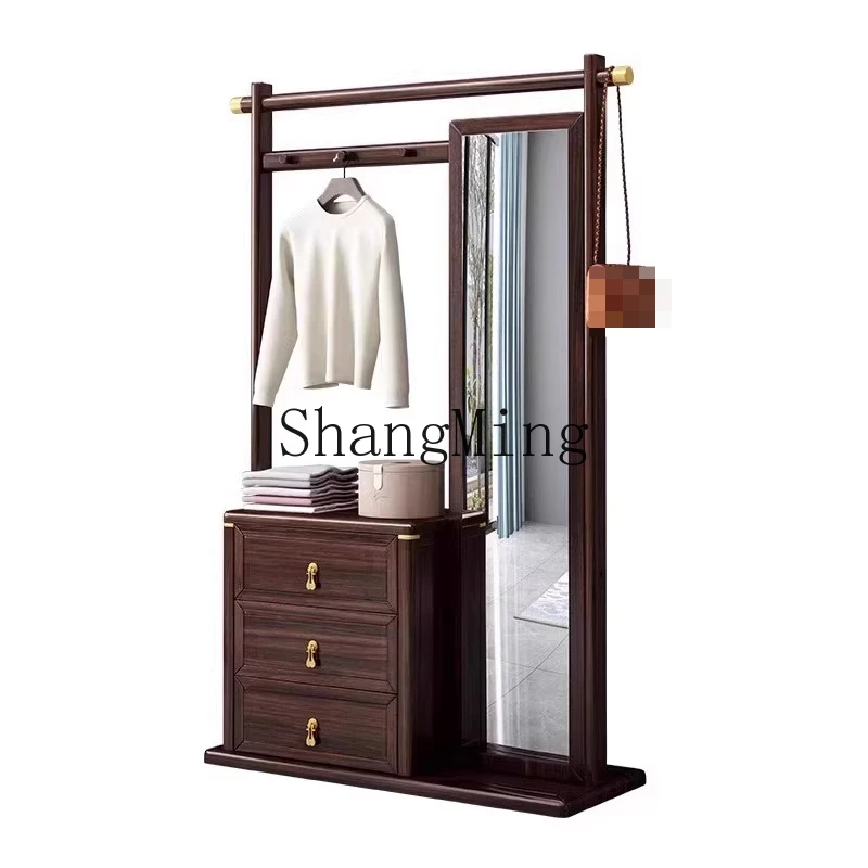 

ZYY new Chinese solid wood coat rack household bedroom simple floor with fitting mirror storage drawer hanging hanger