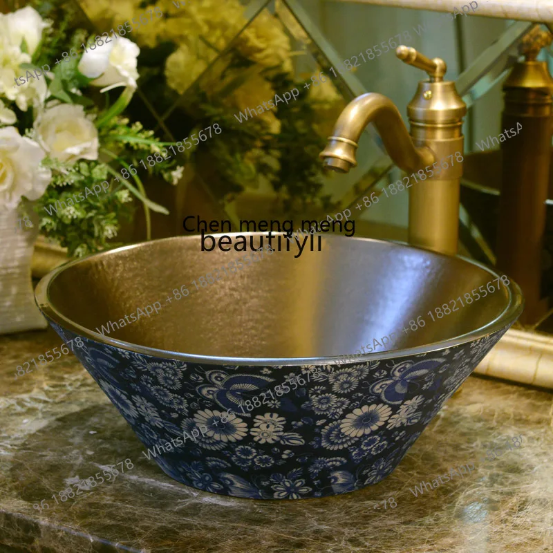 

classical countertop basin creative ceramic hand washing art countertop basin gold-plated bamboo hat bowl-shaped washbasin